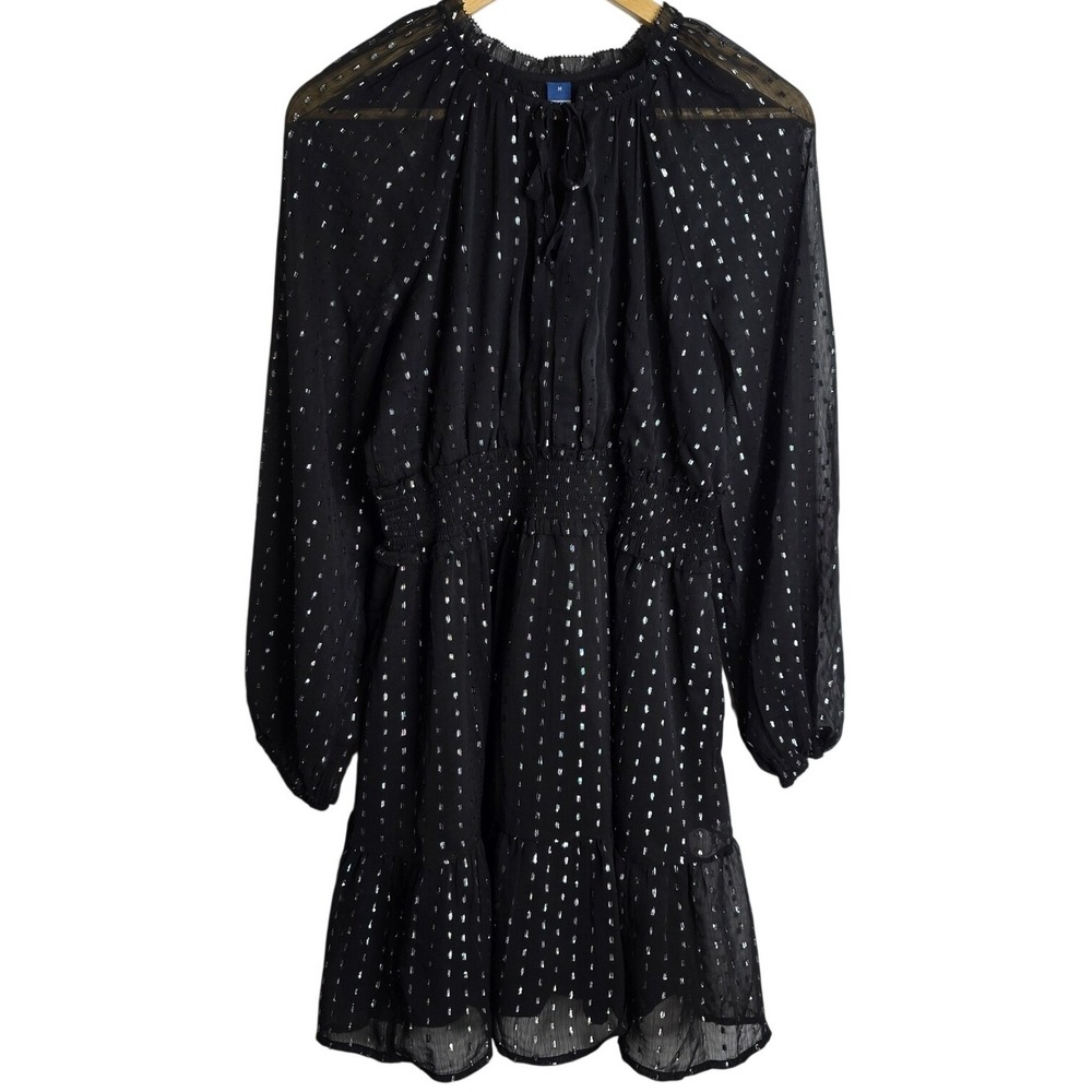 Old Navy Black Metallic Dot Sheer Long Sleeve Smocked Waist Tiered Mini Dress M